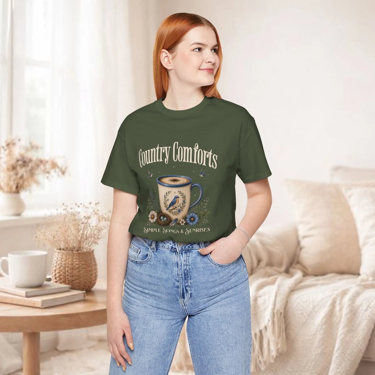 Country Comforts Tee — 'Simple Song & Sunrises' Coffee Mug Bird Floral Graphic T‑Shirt Printify