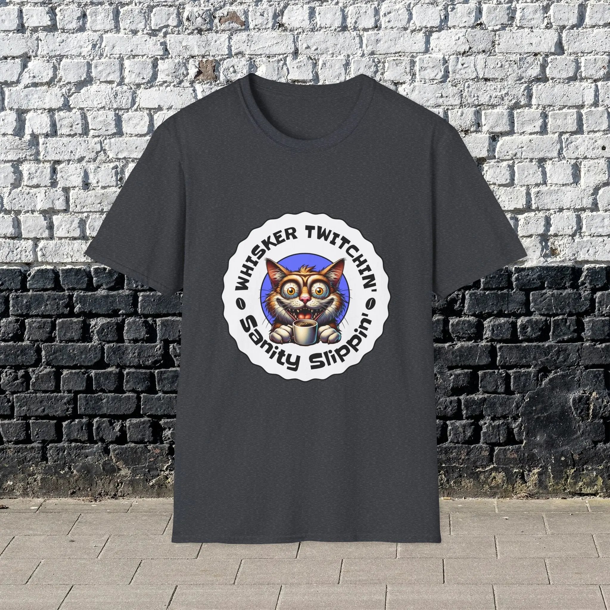 Whisker Twitchin’ Sanity Slippin’ T-Shirt – Funny Crazy Cat Coffee Lover Tee for Men and Women, Caffeine Addict Humor Gift Shirt Printify