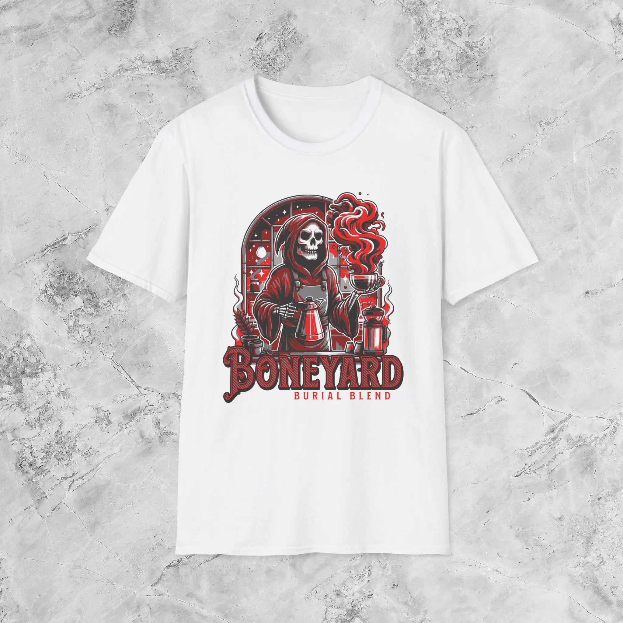 Boneyard Burial Blend T-Shirt — Skeleton Scientist Brewing Coffee Graphic Tee - Boldly Bitter Company