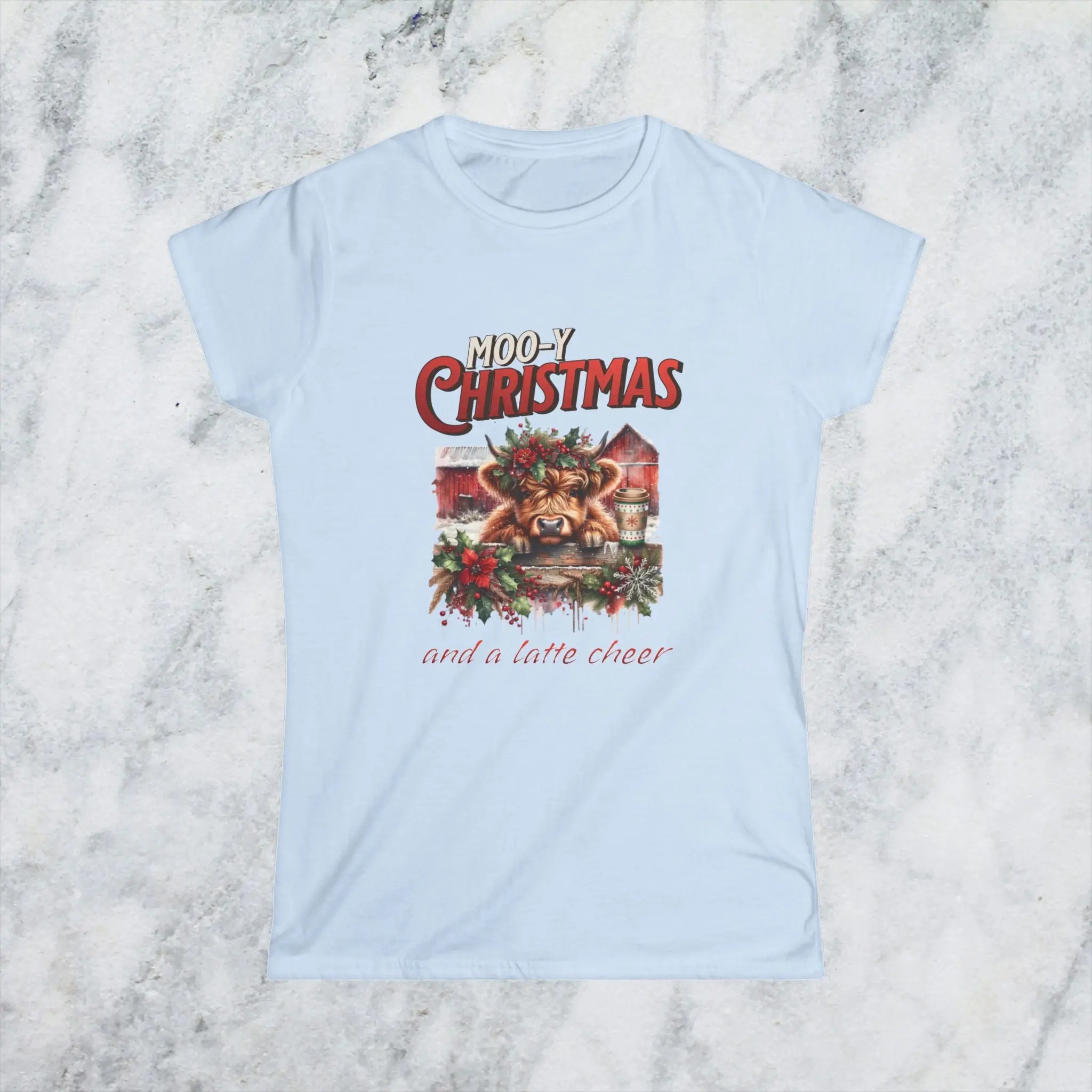 Mooy Christmas Tee - Cute Christmas Cow Latte Cheer Woman's T-Shirt Printify