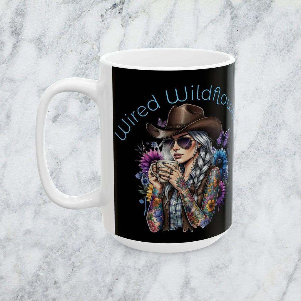 Cowgirl with Tattoos Ceramic Mug — "Wired Wildflowers" Coffee Cup Printify