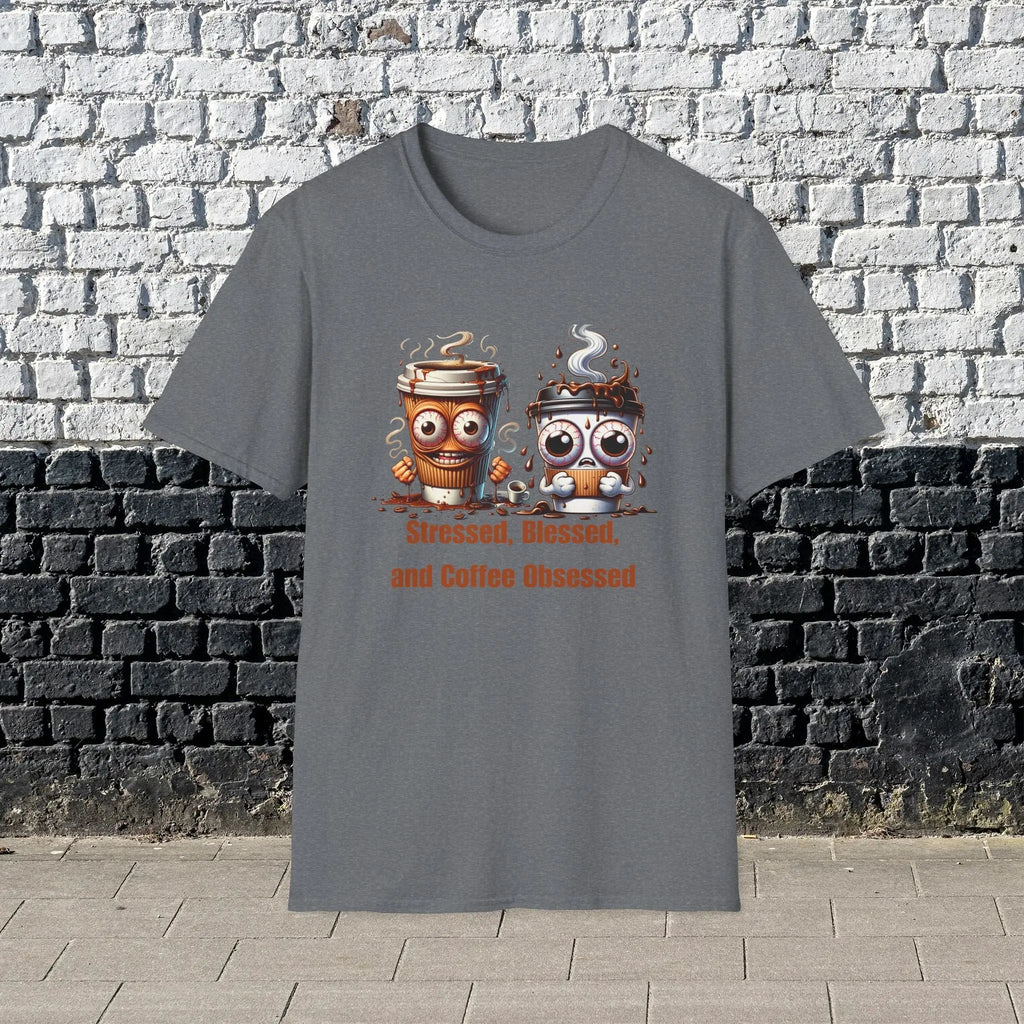 Stressed Blessed and Coffee Obsessed Shirt – Funny Coffee Lover T-Shirt, Caffeine Addict Tee, Cute Coffee Gift for Him Printify