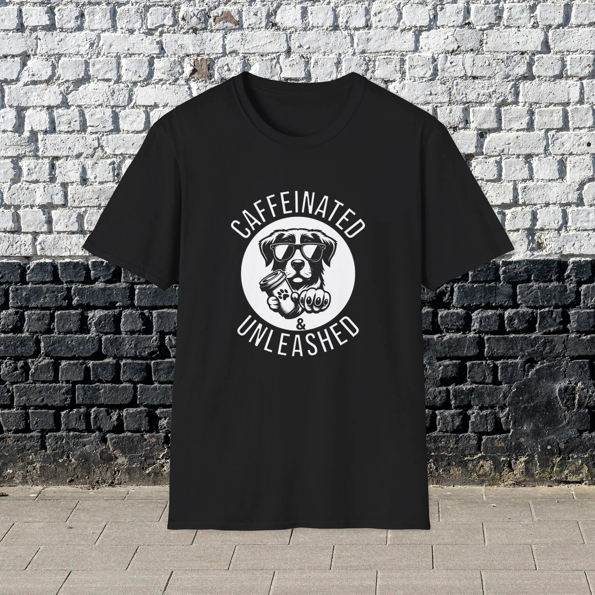 Caffeinated & Unleashed T-Shirt — Funny Coffee Lover Puppy Tee Printify