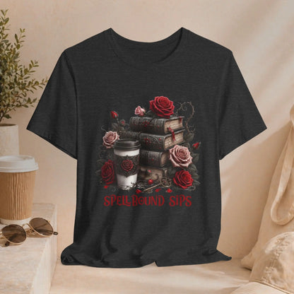 Spellbound Sips Tee - Gothic Book & Coffee Shirt Printify