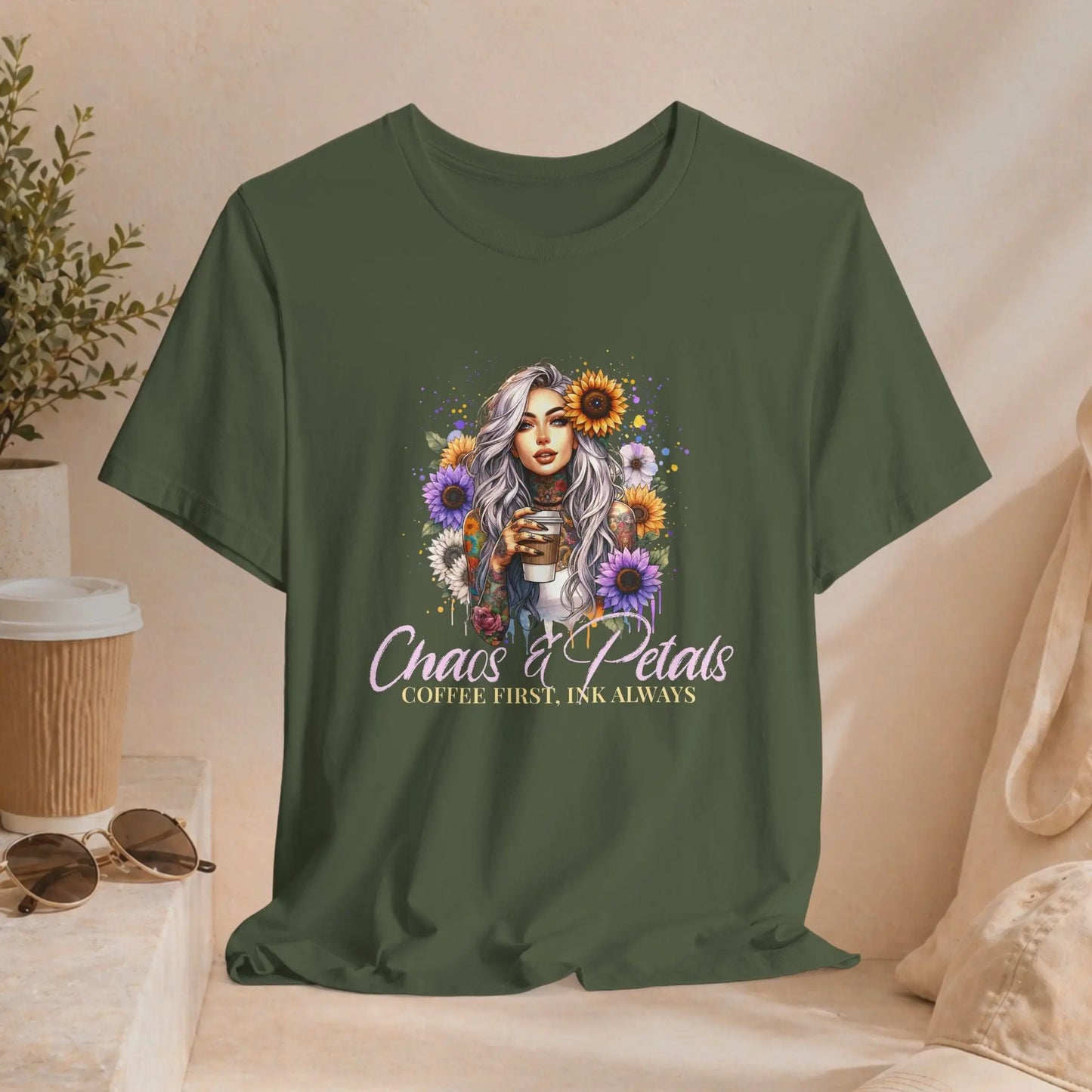 Chaos & Petals Coffee T-Shirt Printify