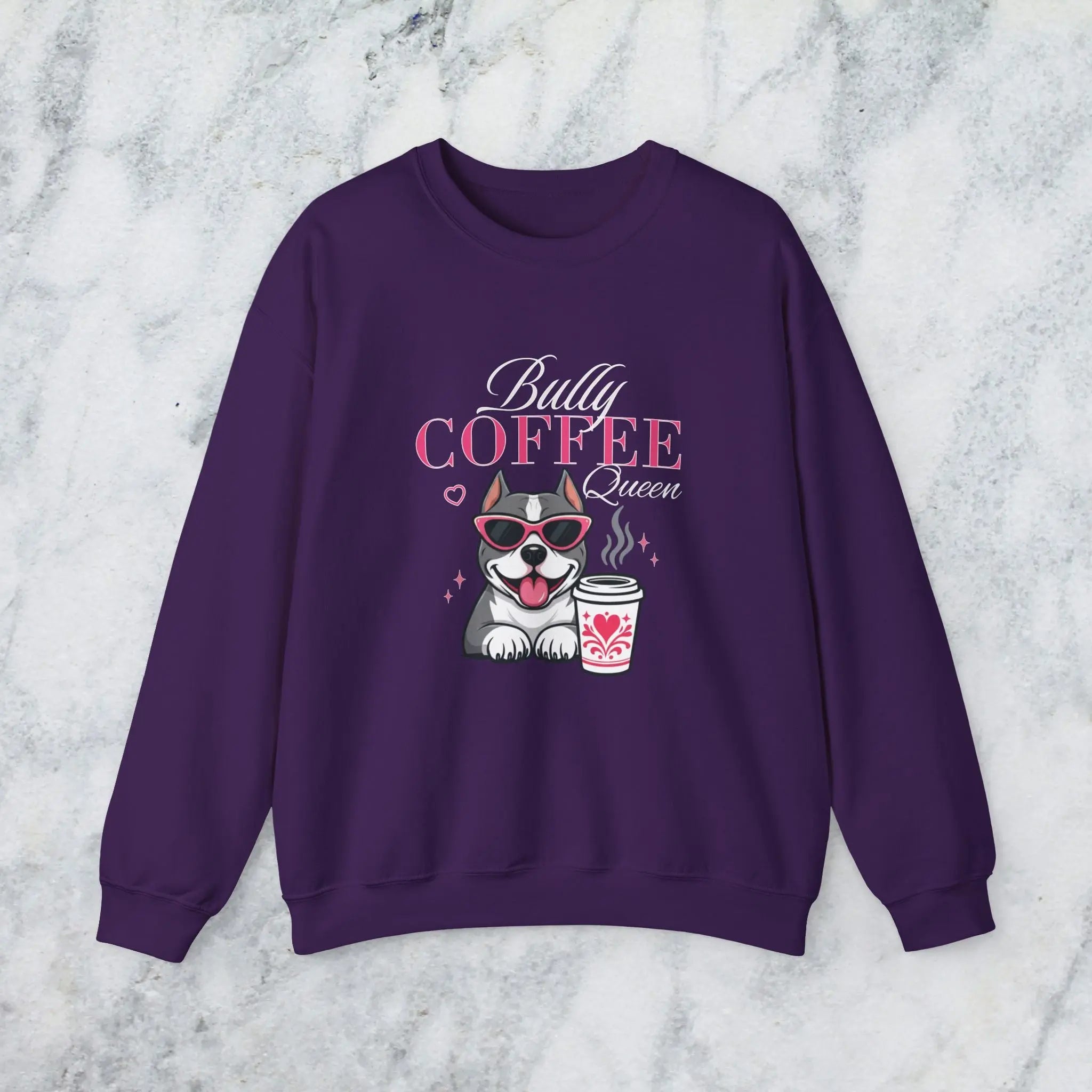 Bully Coffee Queen Sweatshirt — Pitbull with Coffee & Pink Shades Printify