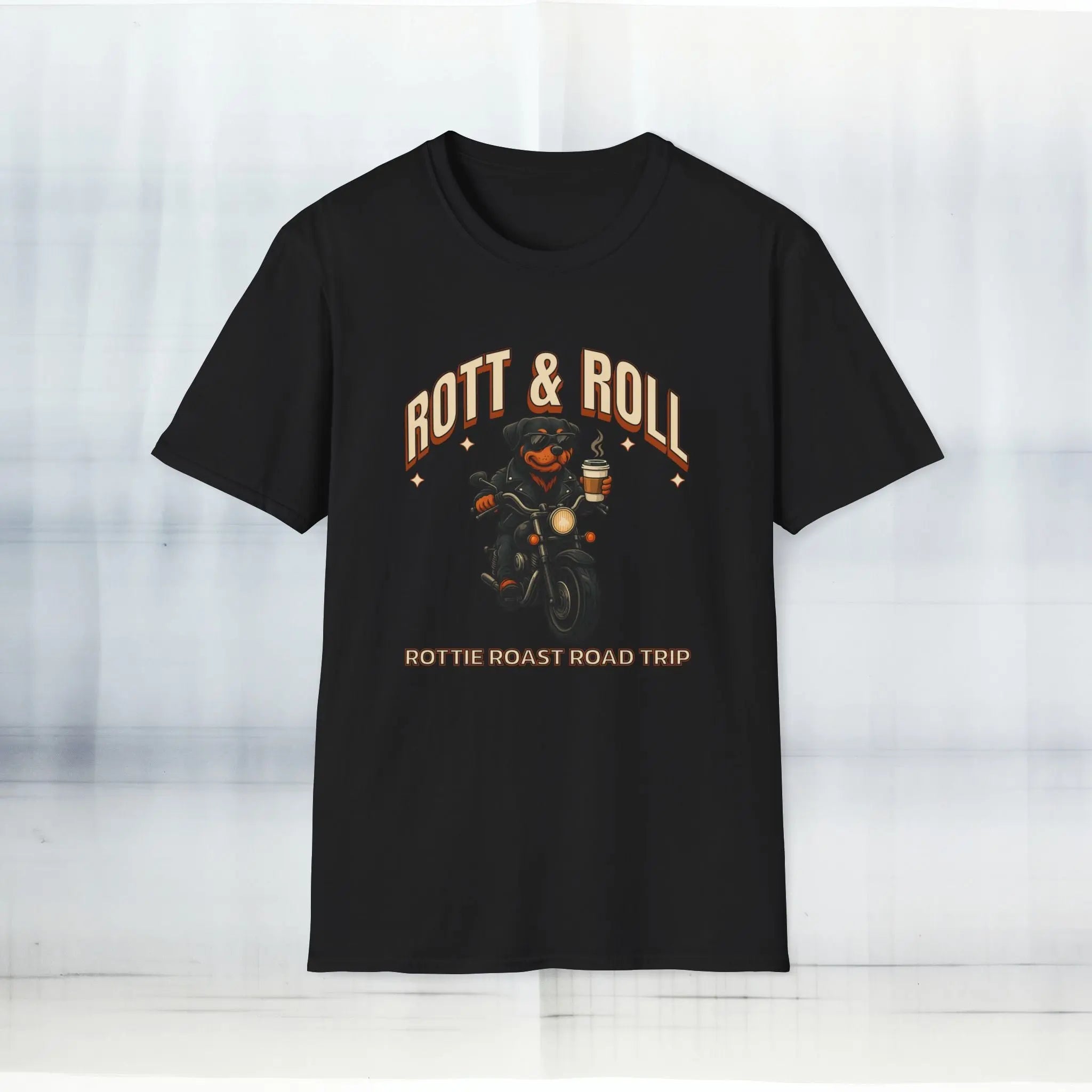 Rott & Roll T-Shirt — 'Rottie Roast Road Trip' Motorcycle Dog Graphic Tee Printify
