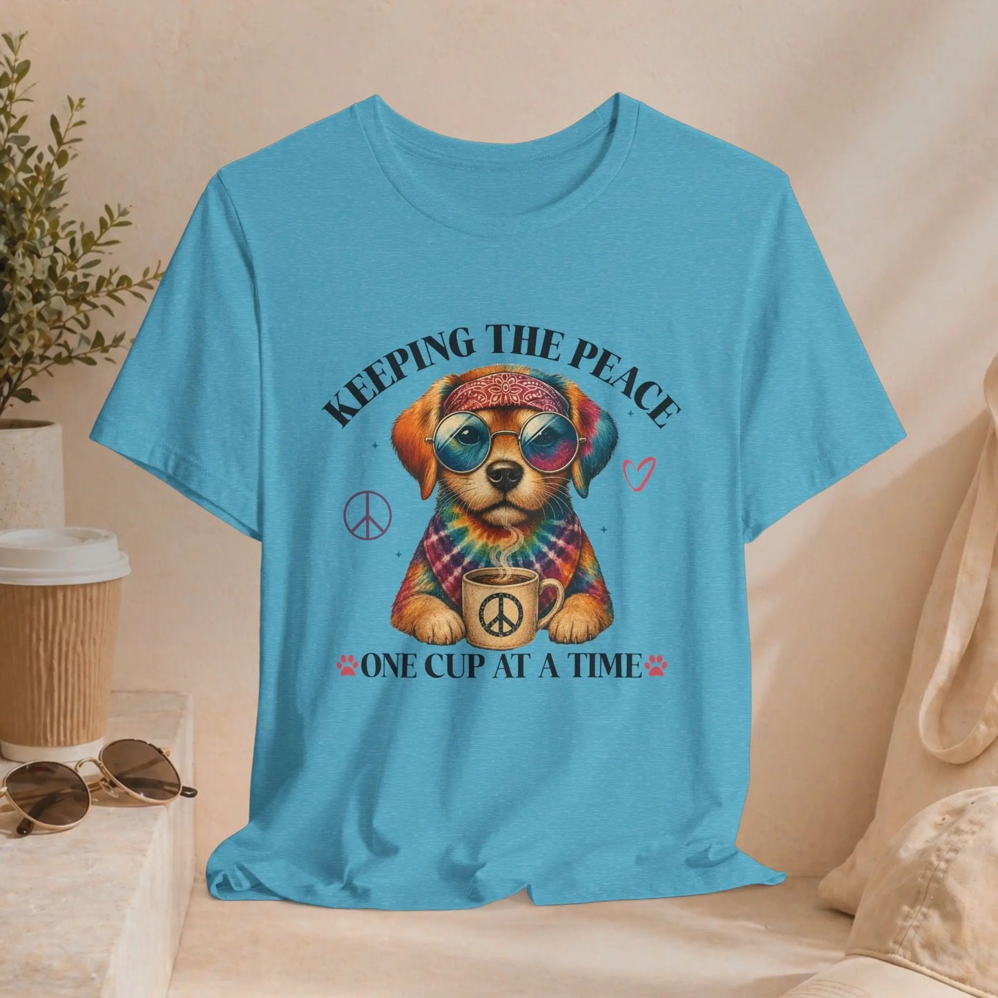 Keeping the Peace Puppy T‑Shirt — "One Cup at a Time" Coffee & Peace Dog Tee Printify