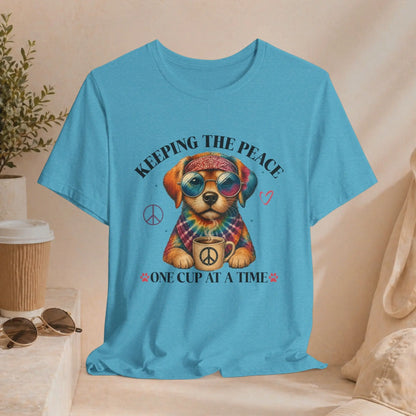 Keeping the Peace Puppy T‑Shirt — "One Cup at a Time" Coffee & Peace Dog Tee Printify