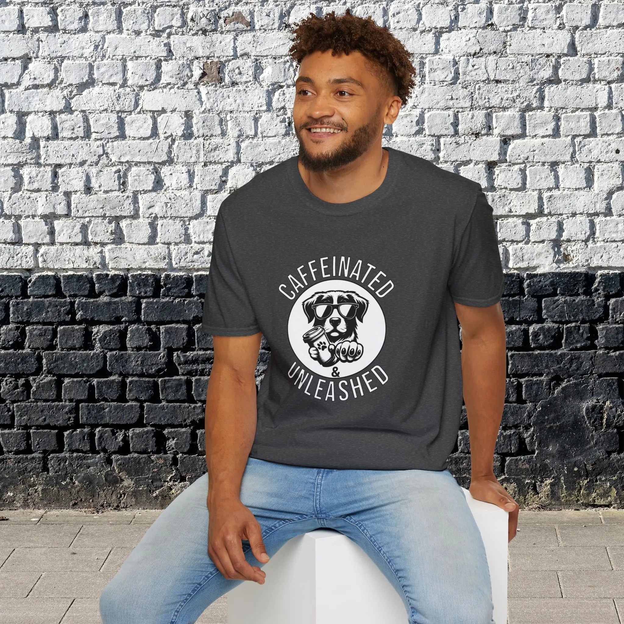 Caffeinated & Unleashed T-Shirt — Funny Coffee Lover Puppy Tee Printify