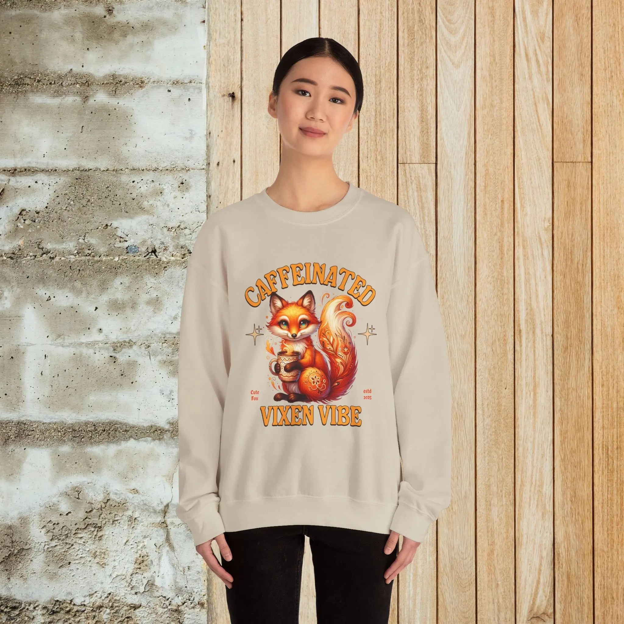 Caffeinated Vixen Vibe Sweatshirt, Cozy Unisex Crewneck for Coffee Lovers, Gift for Birthdays, Fall Fashion, Cute Animal Sweater Printify