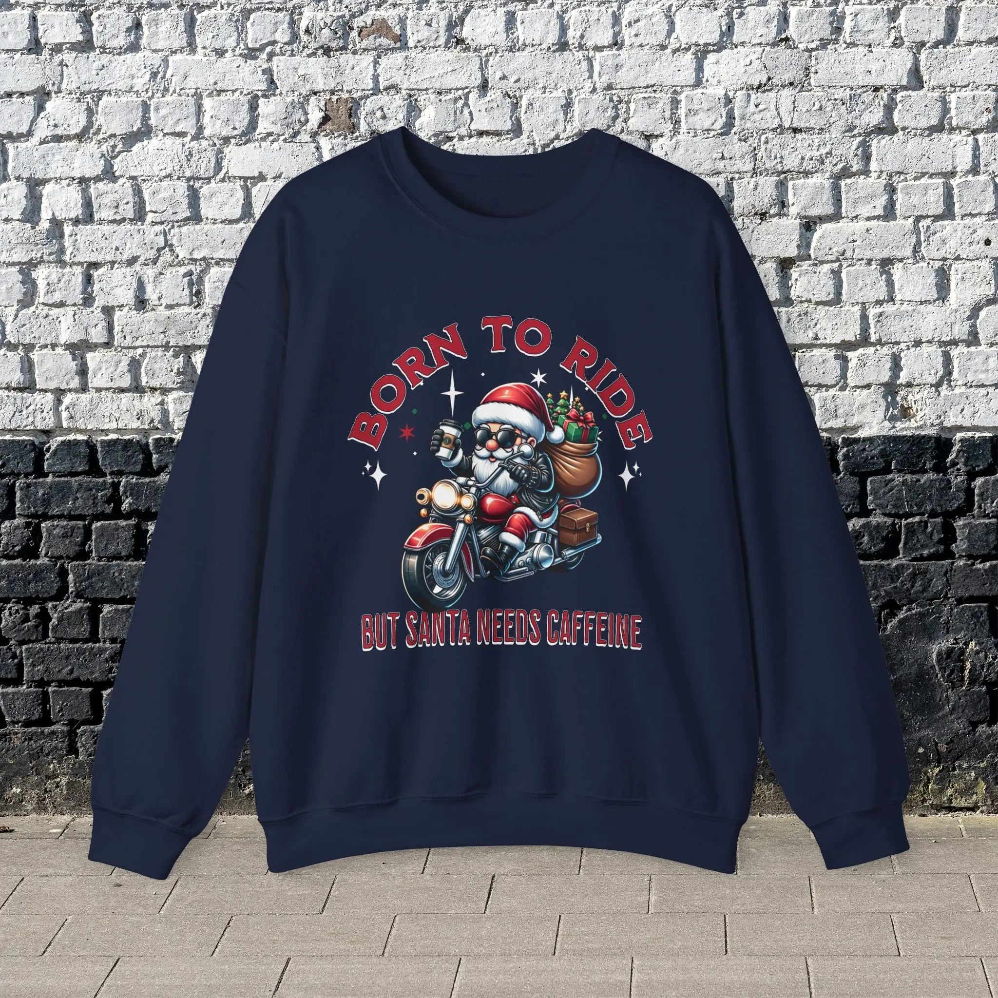 Born to Ride Sweatshirt - Santa on motorcycle holding coffee Christmas Shirt - Boldly Bitter Company