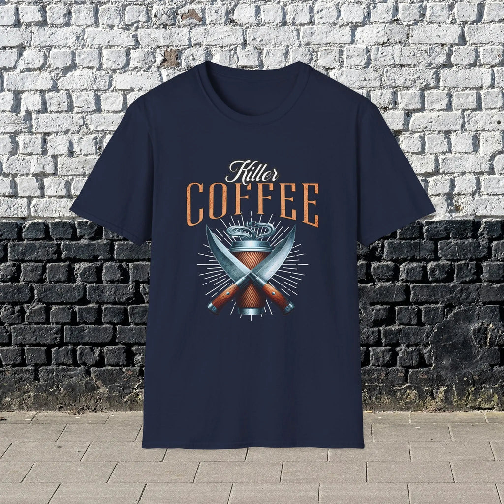 Killer Coffee T-Shirt — Crossed Knives & To-Go Cup Graphic Printify