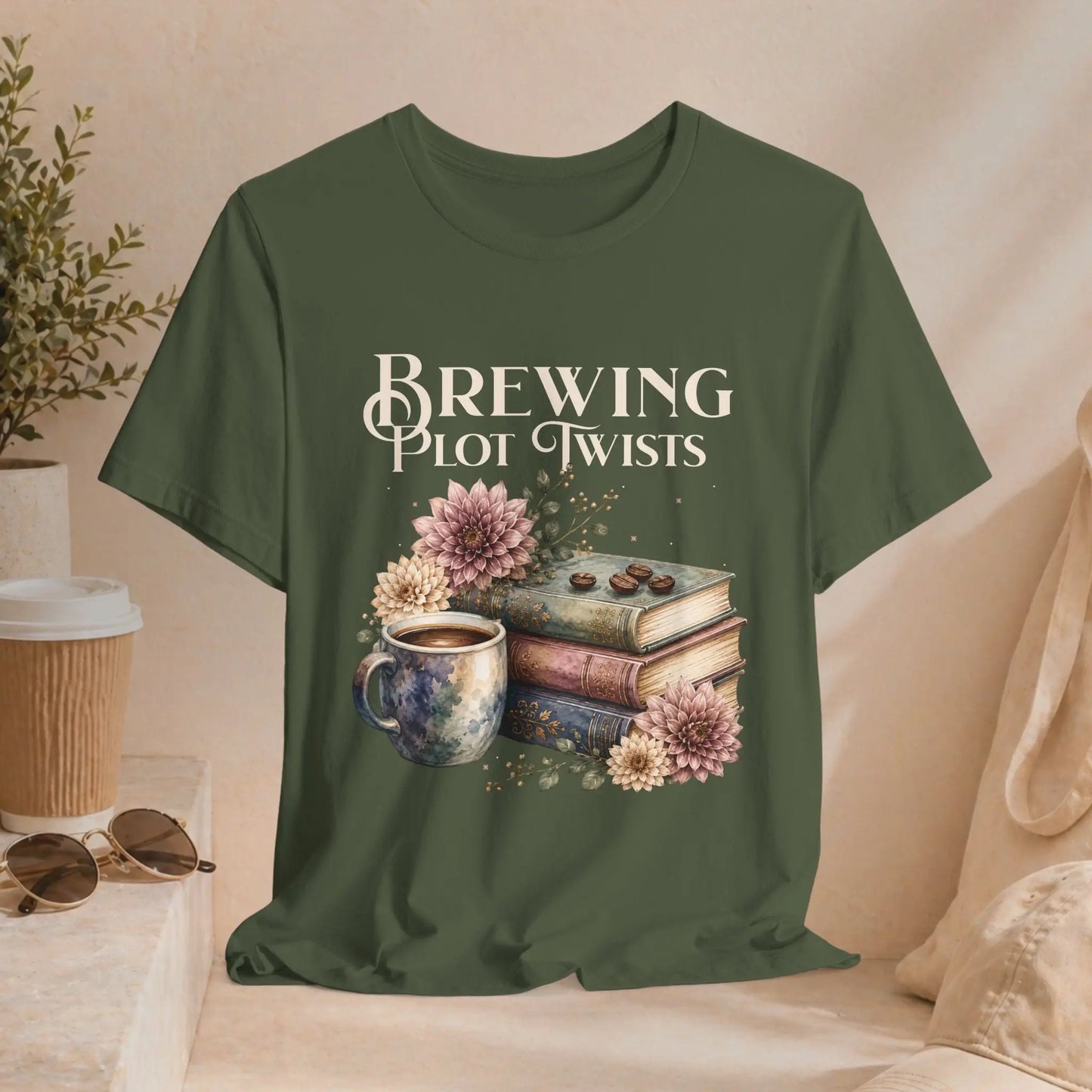 Brewing Plot Twists T‑Shirt — Coffee & Books Literary Tee Printify