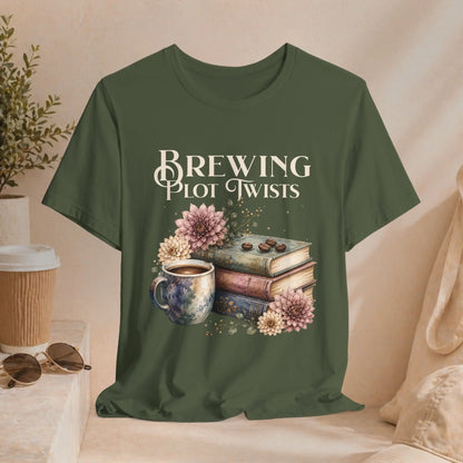 Brewing Plot Twists T‑Shirt — Coffee & Books Literary Tee Printify
