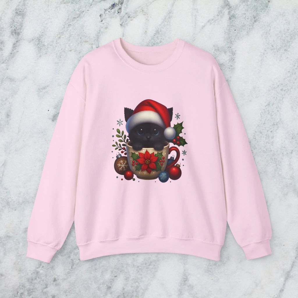 Christmas Kitten Coffee Cup Sweatshirt — Cute Black Cat in Santa Hat Holiday Crewneck Printify