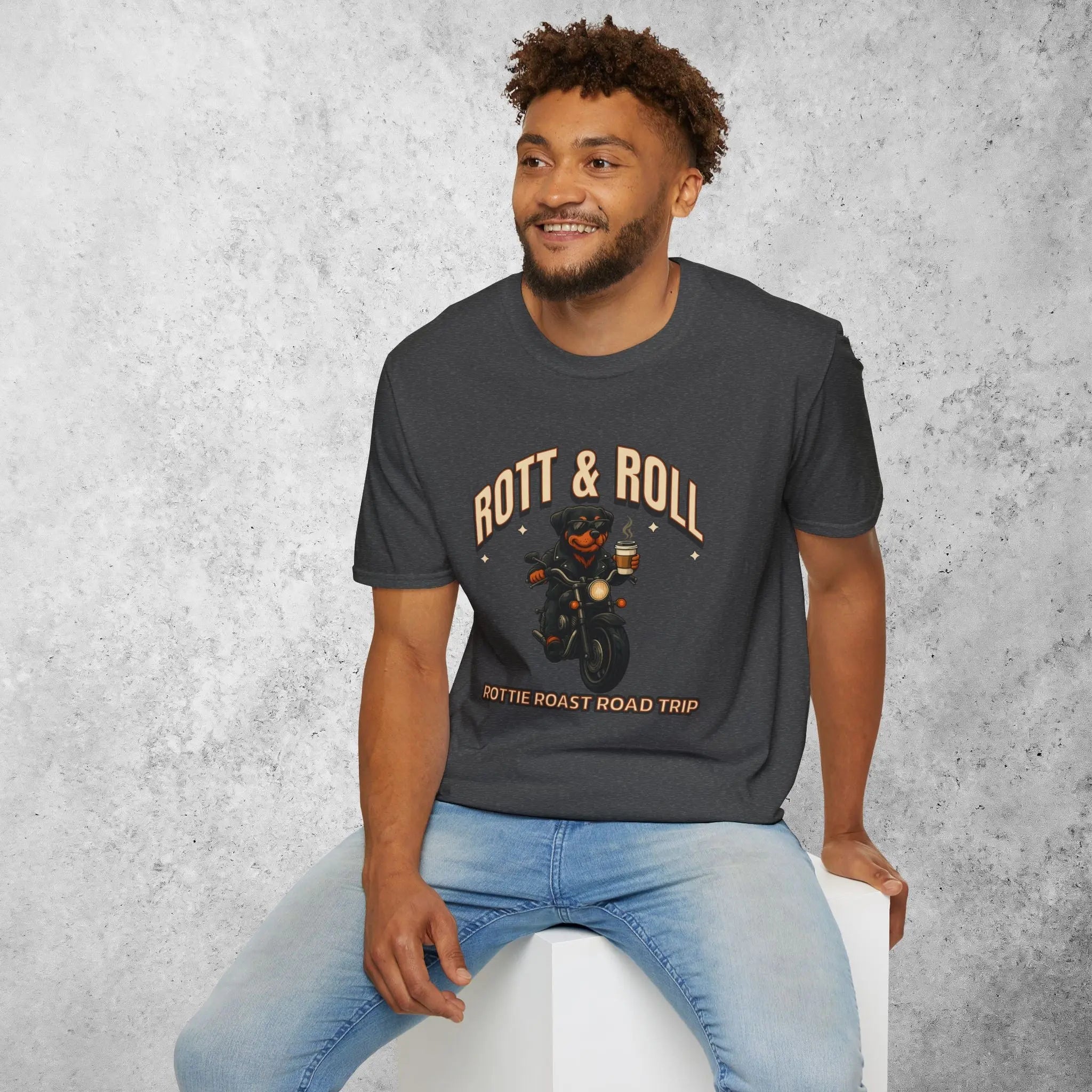 Rott & Roll T-Shirt — 'Rottie Roast Road Trip' Motorcycle Dog Graphic Tee Printify