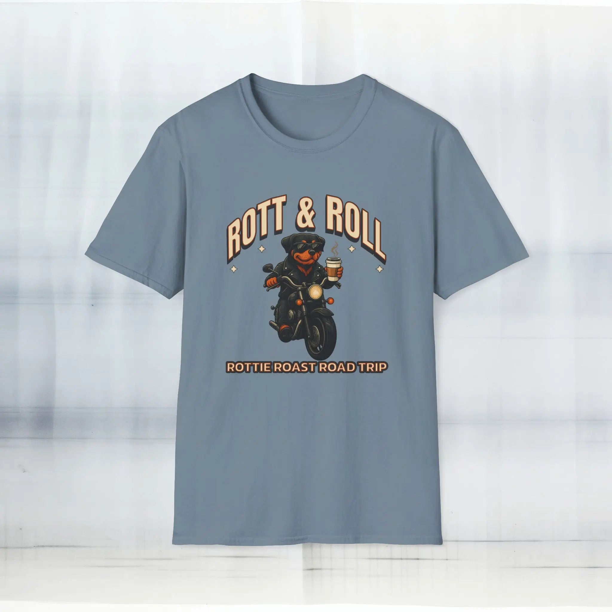 Rott & Roll T-Shirt — 'Rottie Roast Road Trip' Motorcycle Dog Graphic Tee Printify