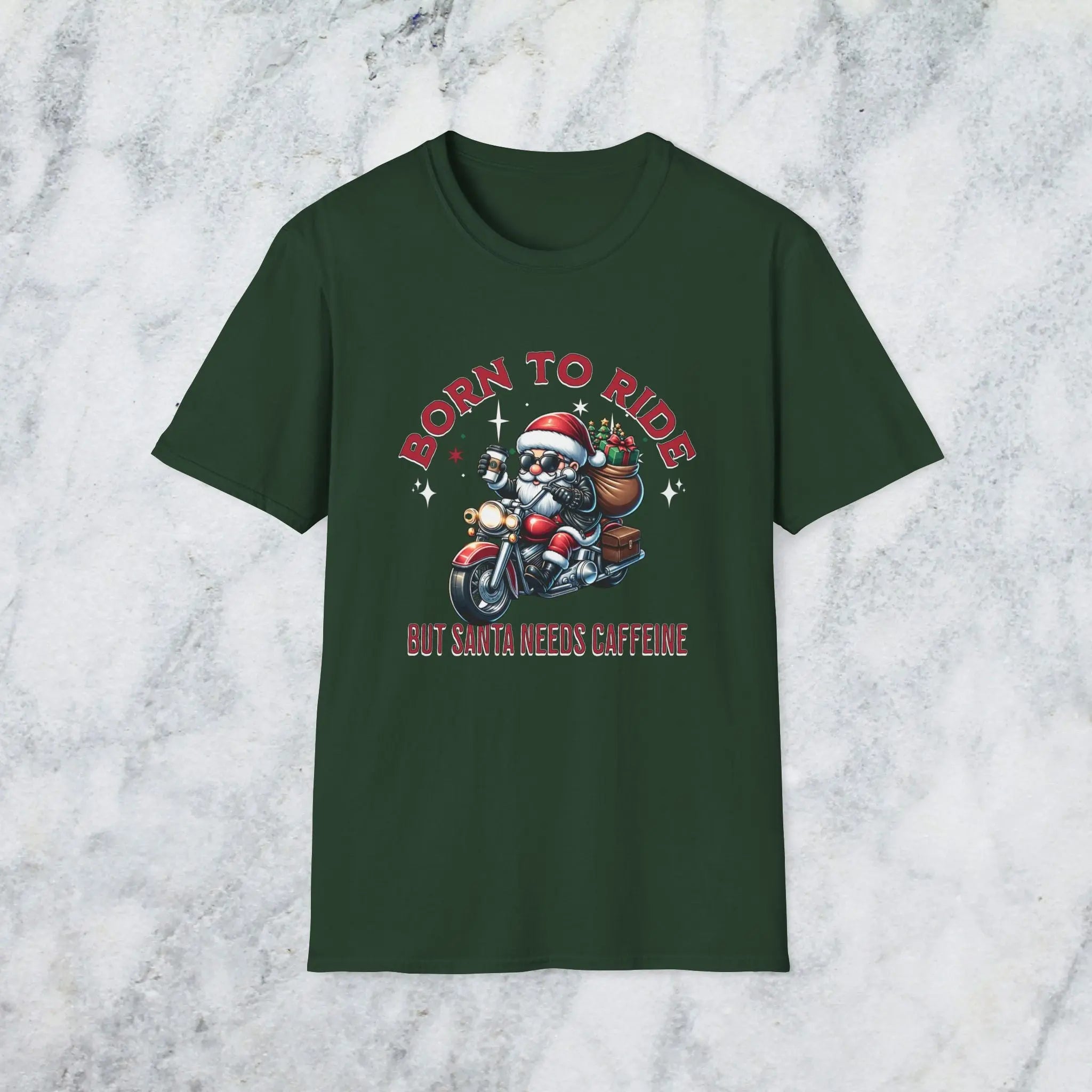 Santa Riding Motorcycle T-Shirt — "Born to Ride but Santa Needs Caffeine" Holiday Tee Printify