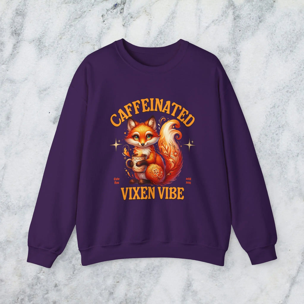 Caffeinated Vixen Vibe Sweatshirt, Cozy Unisex Crewneck for Coffee Lovers, Gift for Birthdays, Fall Fashion, Cute Animal Sweater Printify