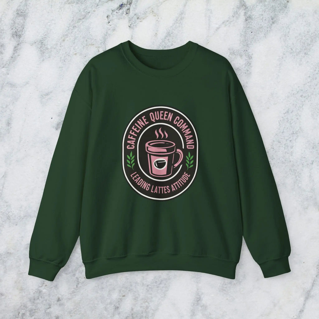 Coffee Crewneck Sweatshirt — "Caffeine Queen Command" Latte Lovers Pullover Printify
