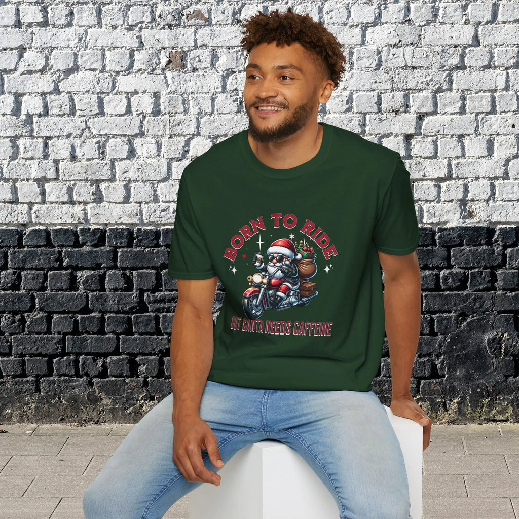 Santa Riding Motorcycle T-Shirt — "Born to Ride but Santa Needs Caffeine" Holiday Tee Printify