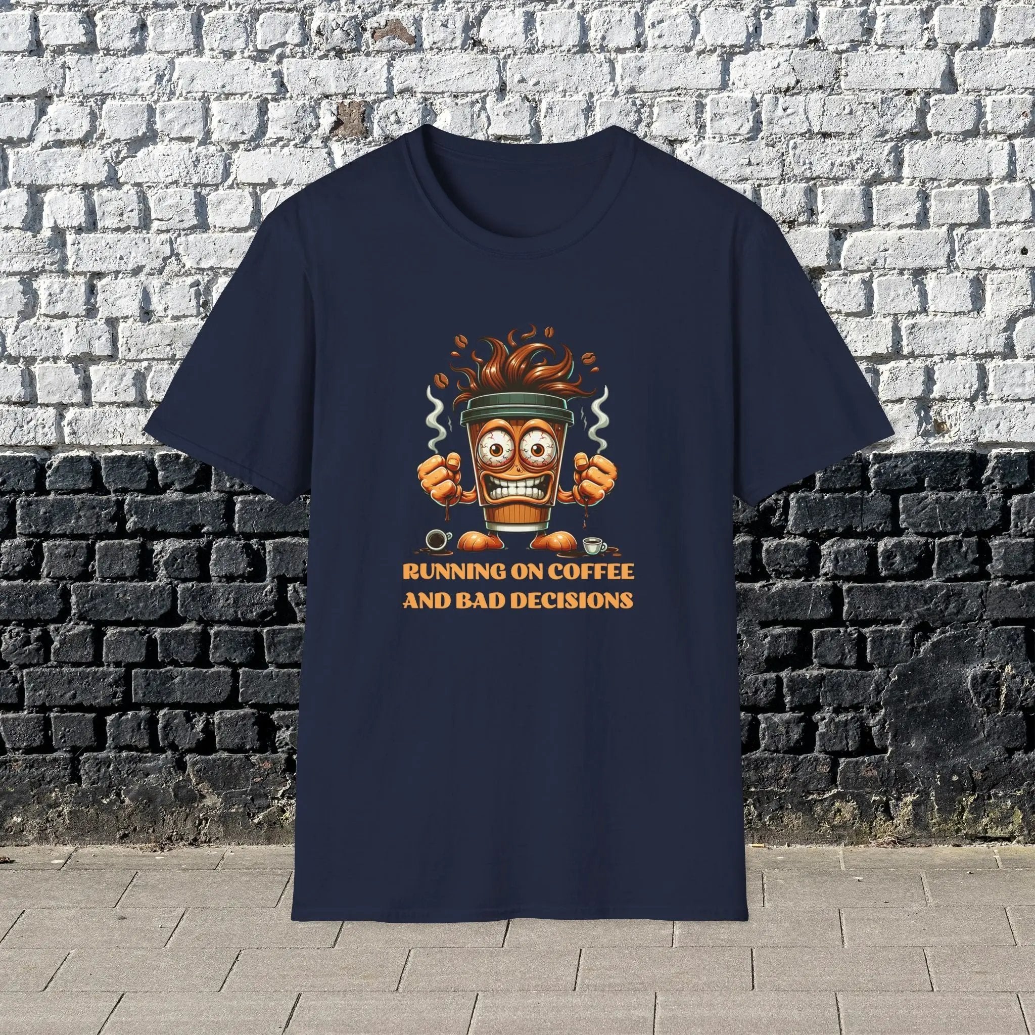 Running on Coffee and Bad Decisions Shirt – Funny Caffeine Lover T-Shirt, Sarcastic Coffee Tee, Gift for Coffee Addicts & Humor Fans Printify