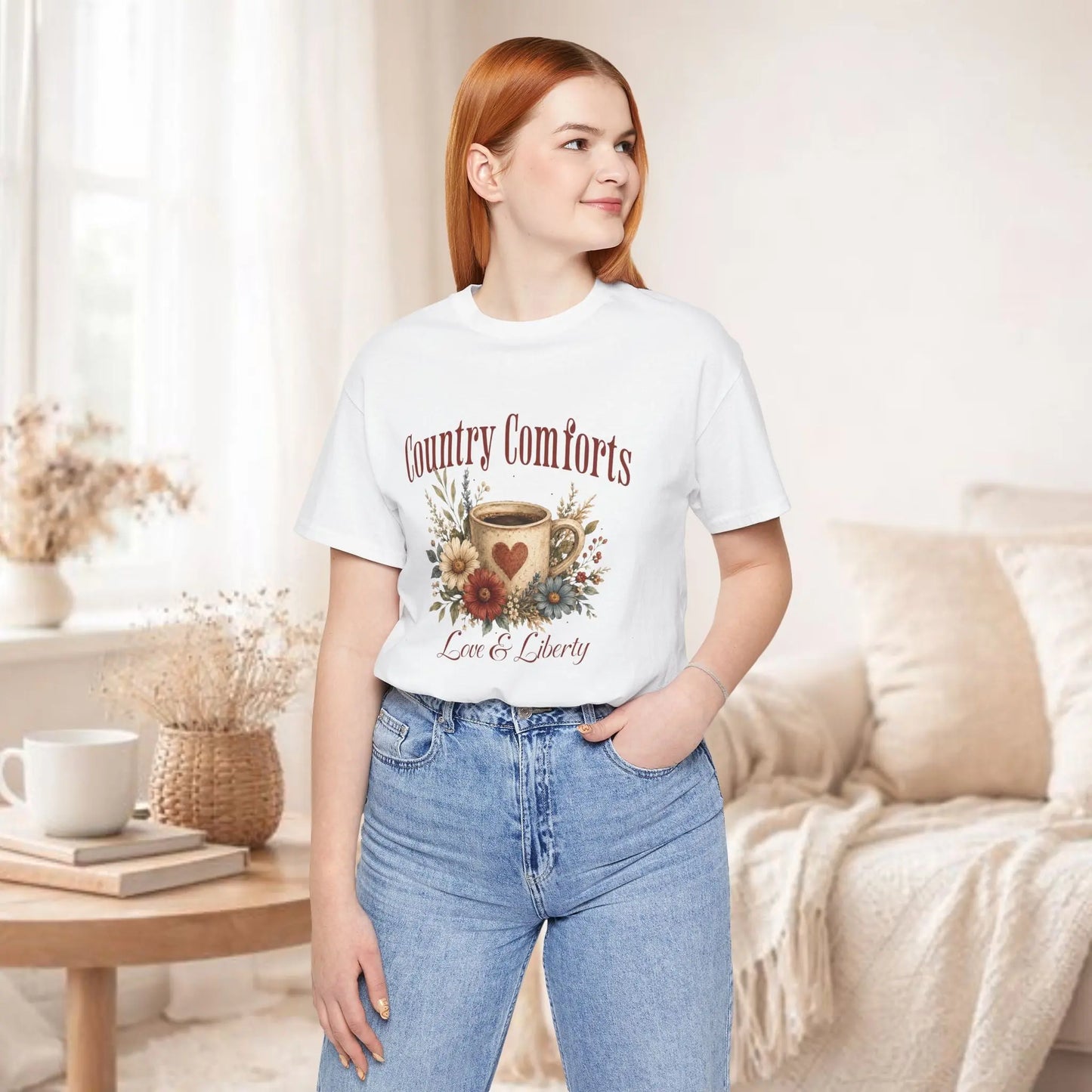 Country Comforts Tee – Love & Liberty Coffee Floral Graphic Shirt Printify