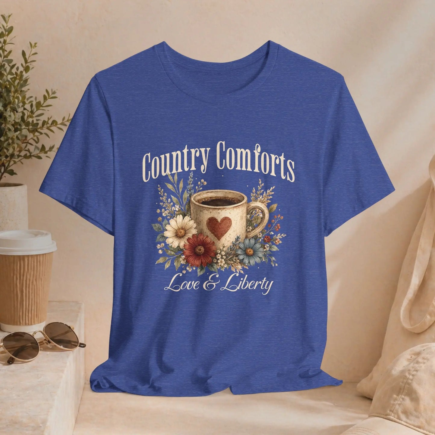 Country Comforts Tee – Love & Liberty Coffee Floral Graphic Shirt Printify