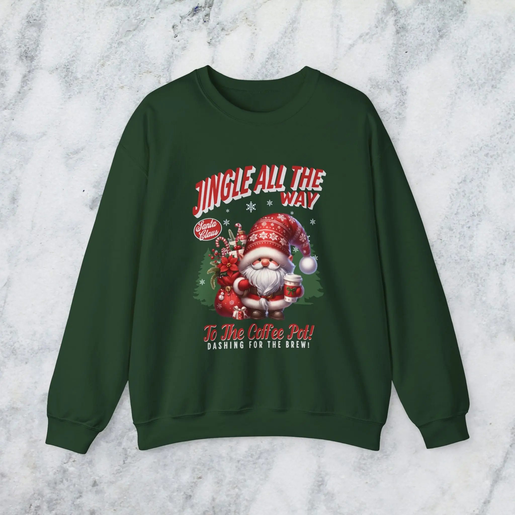 Jingle All the Way Sweatshirt - Cute Santa Holding Coffee and Toys Printify