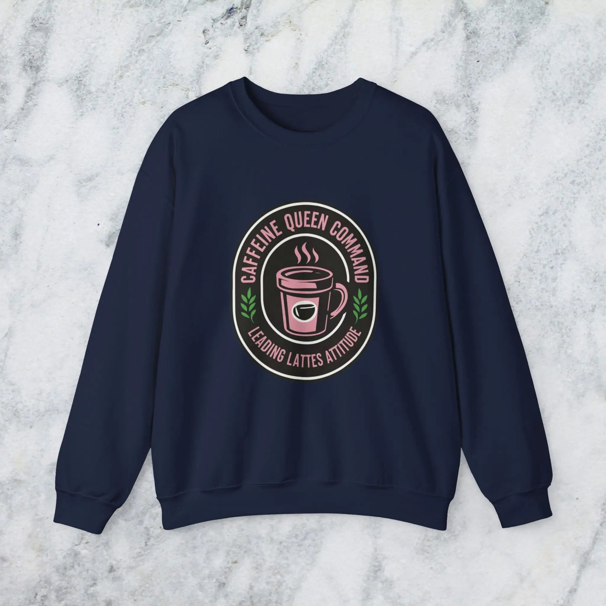 Coffee Crewneck Sweatshirt — "Caffeine Queen Command" Latte Lovers Pullover Printify