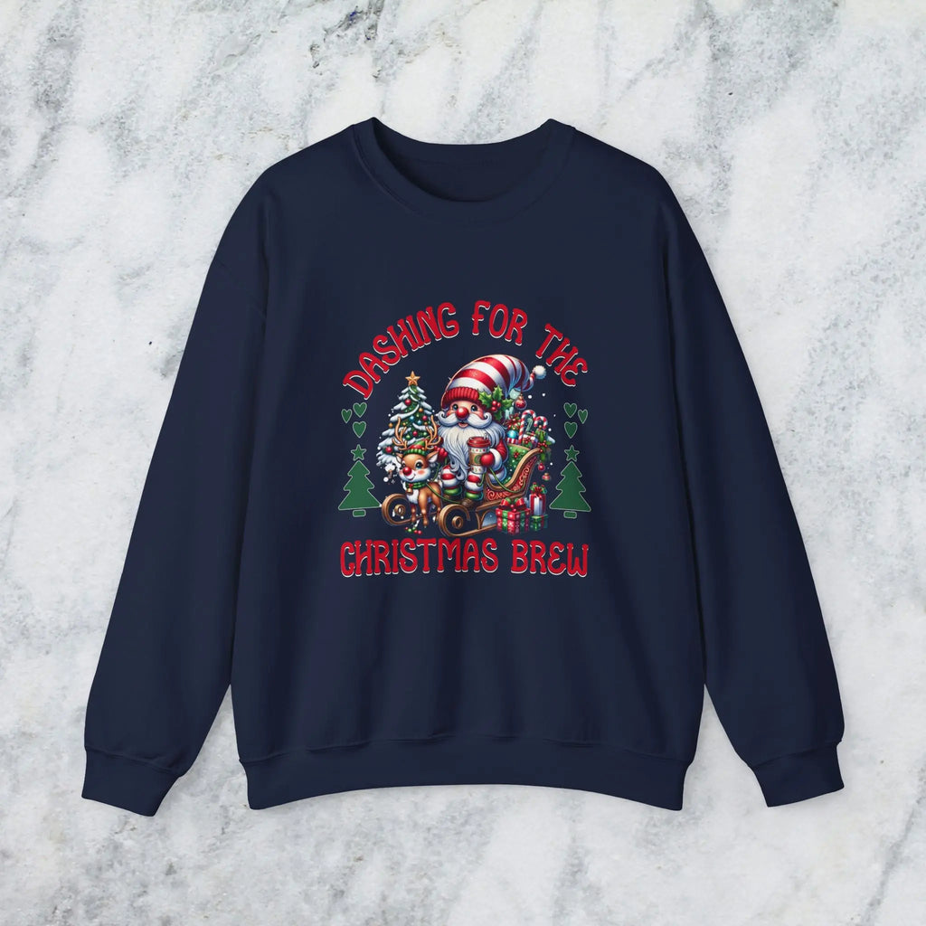 Dashing for the Brew Sweatshirt - Cute Christmas Santa in sleigh with toys and coffee Printify