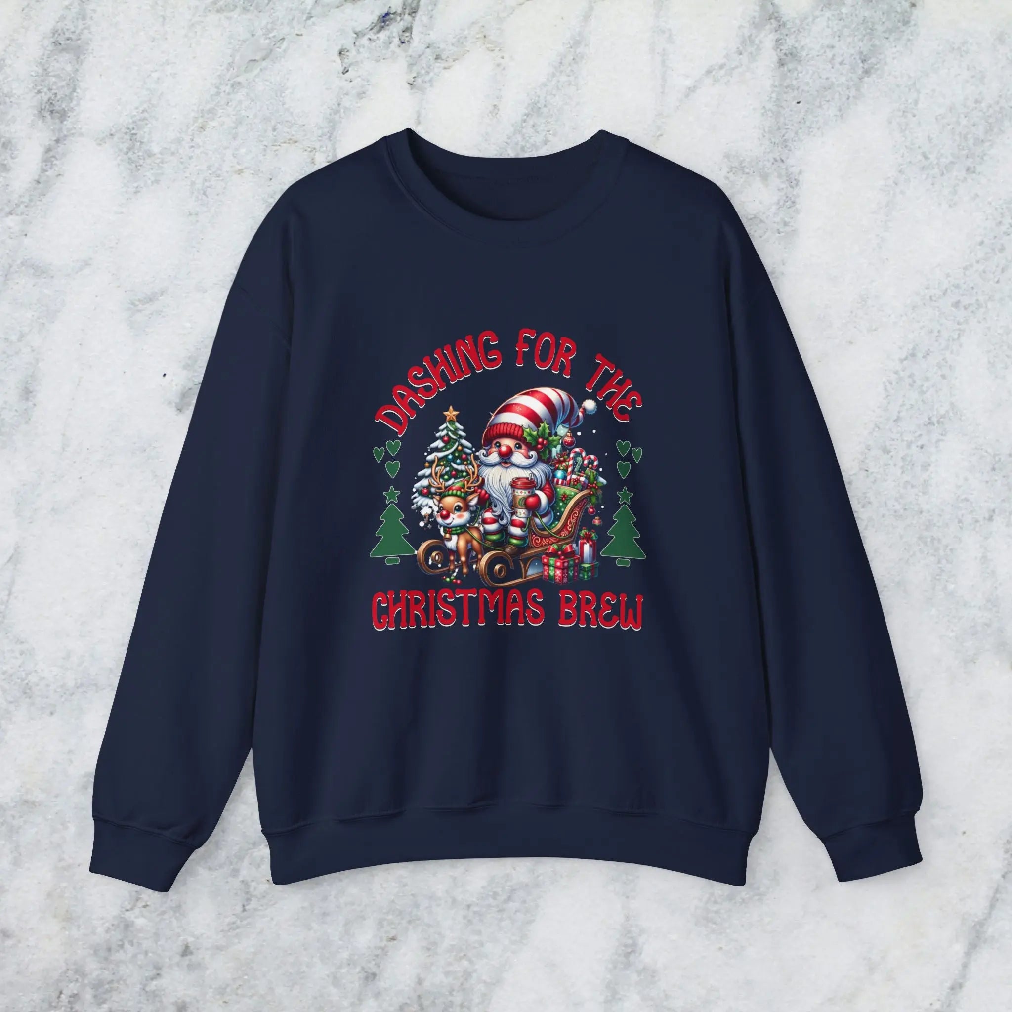 Dashing for the Brew Sweatshirt - Cute Christmas Santa in sleigh with toys and coffee Printify