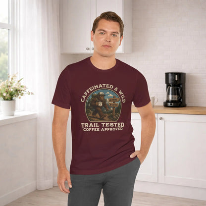 Caffeinated & Wild Tee — "Trail Tested Coffee Approved" Big Foot, Coffee, and Outdoor Hiking T-Shirt Printify