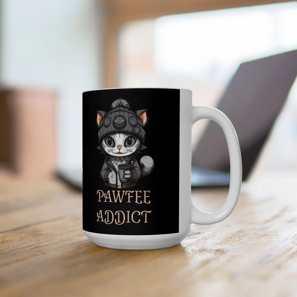Pawfee Addict 15 oz Mug, Funny Cat Lover Gift, Cute Mug for Pet Owners, Ideal for Birthdays, Housewarming, or Just Because Printify