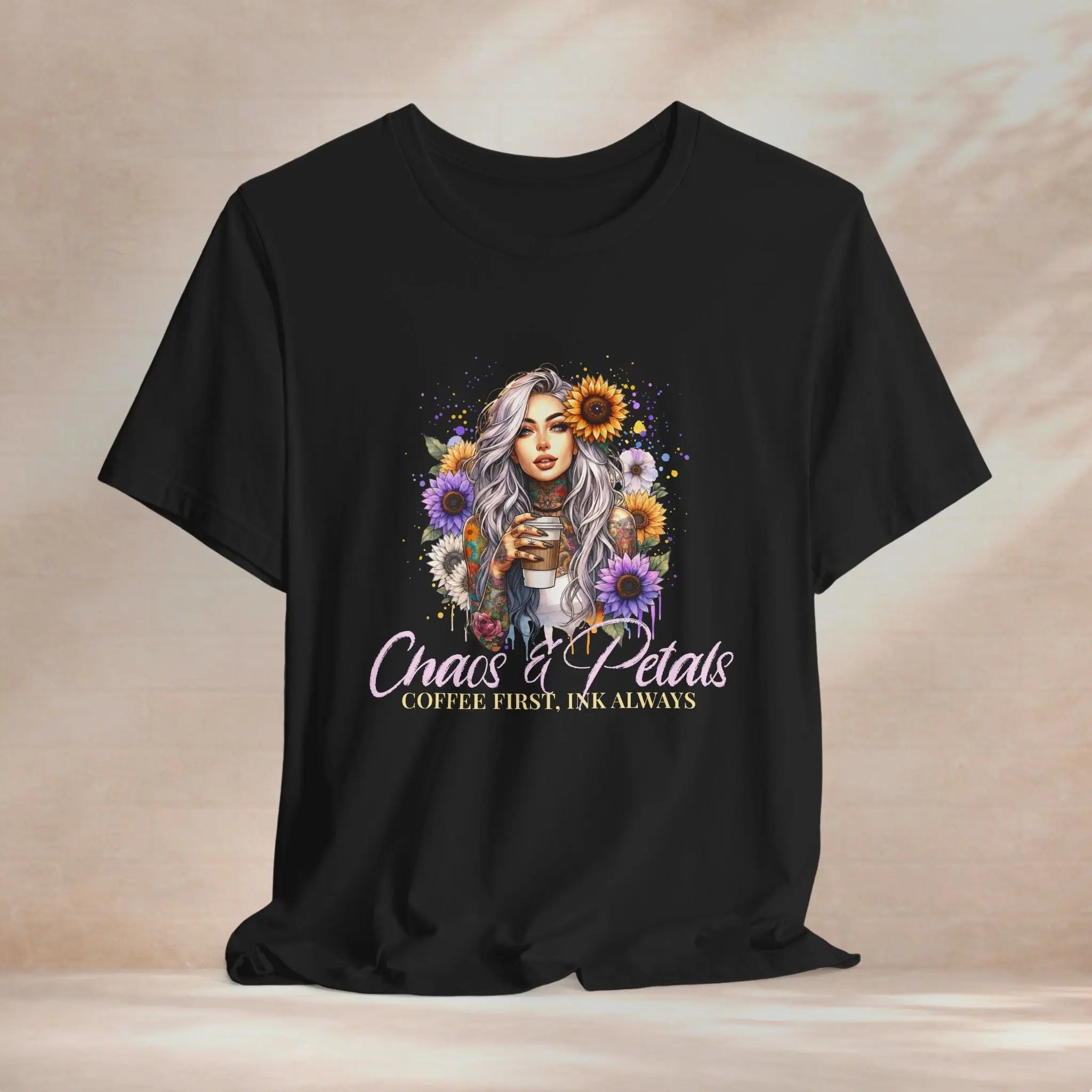 Chaos & Petals T-Shirt — 'Coffee First, Ink Always' Floral Coffee Tee - Boldly Bitter Company