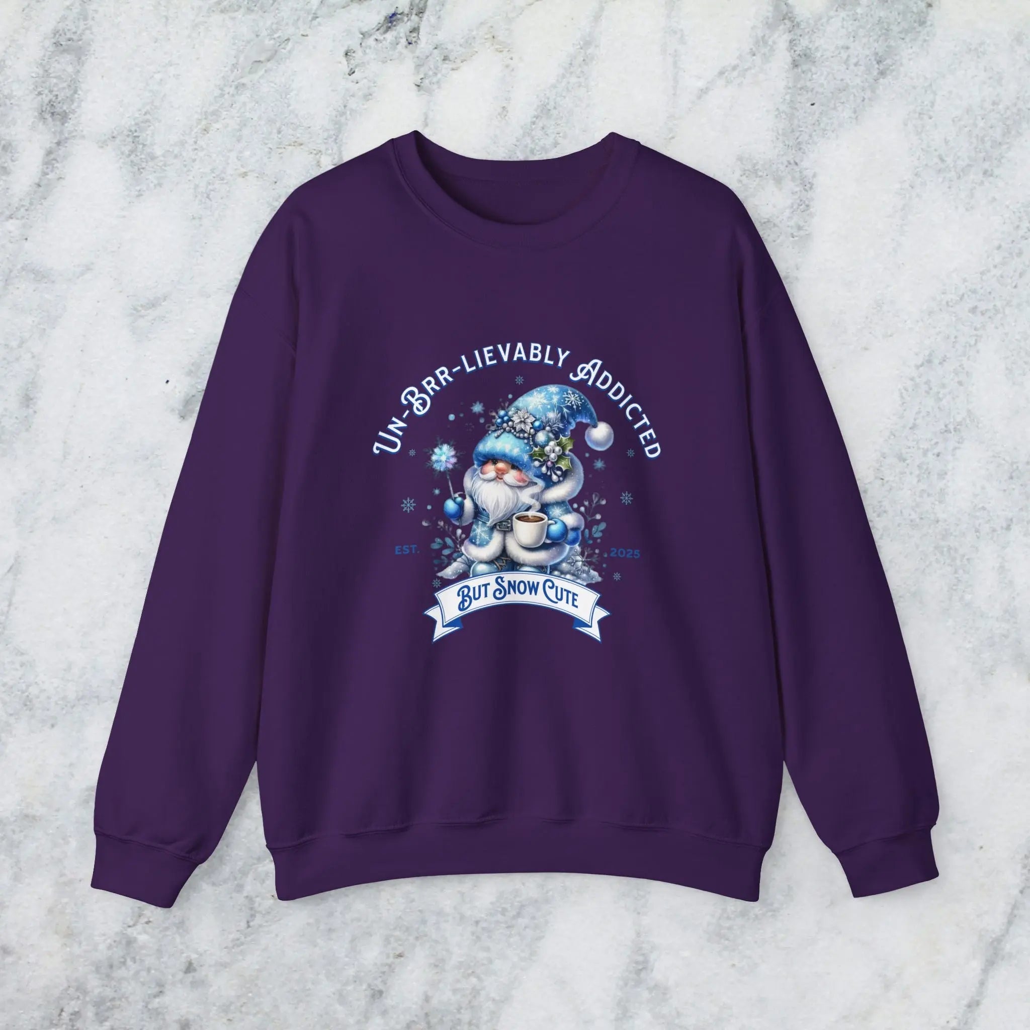 Unbrr-lievalby Addicted Sweatshirt - cute gnome with magic wand holding coffee winter shirt Printify