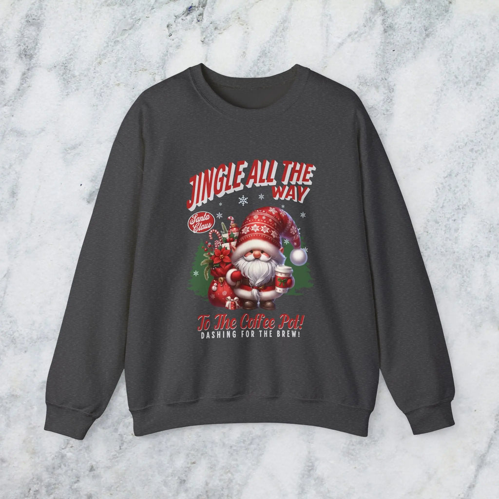 Jingle All the Way Sweatshirt - Cute Santa Holding Coffee and Toys Printify