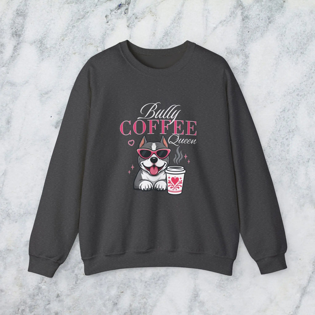 Bully Coffee Queen Sweatshirt — Pitbull with Coffee & Pink Shades Printify
