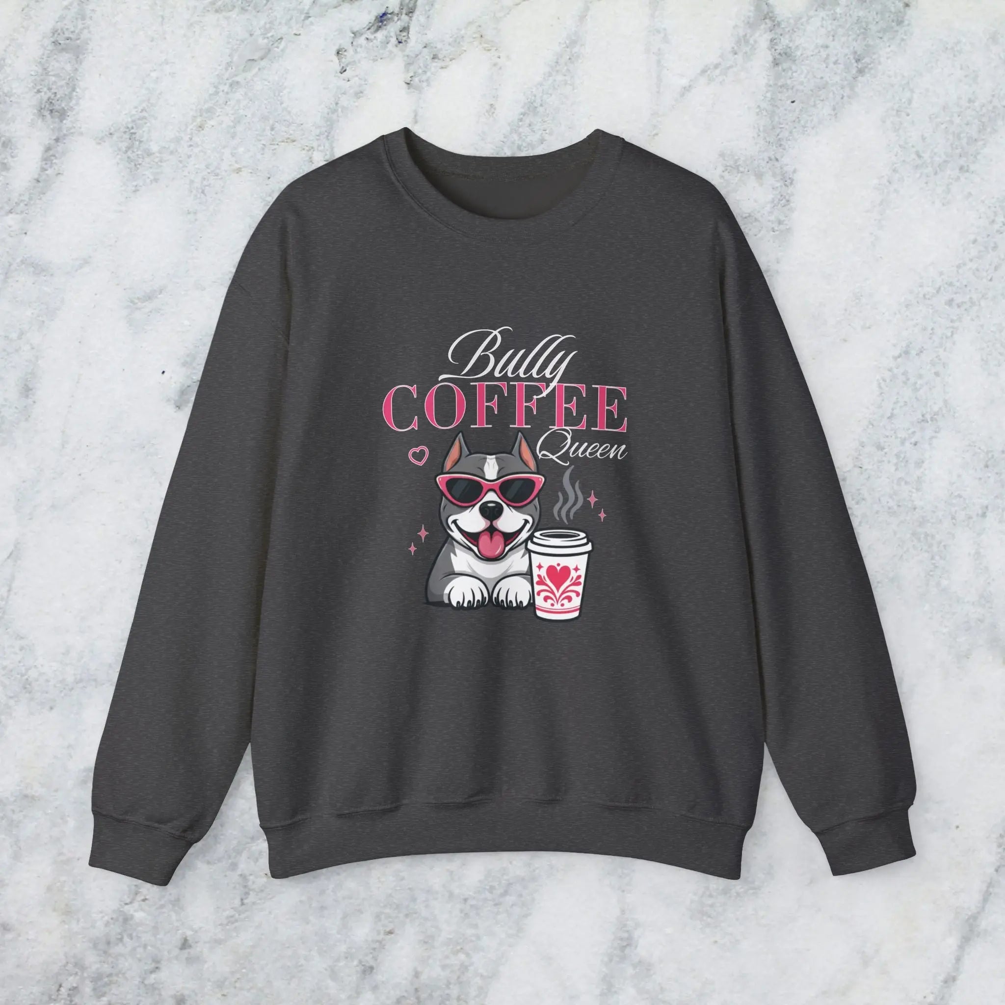 Bully Coffee Queen Sweatshirt — Pitbull with Coffee & Pink Shades Printify