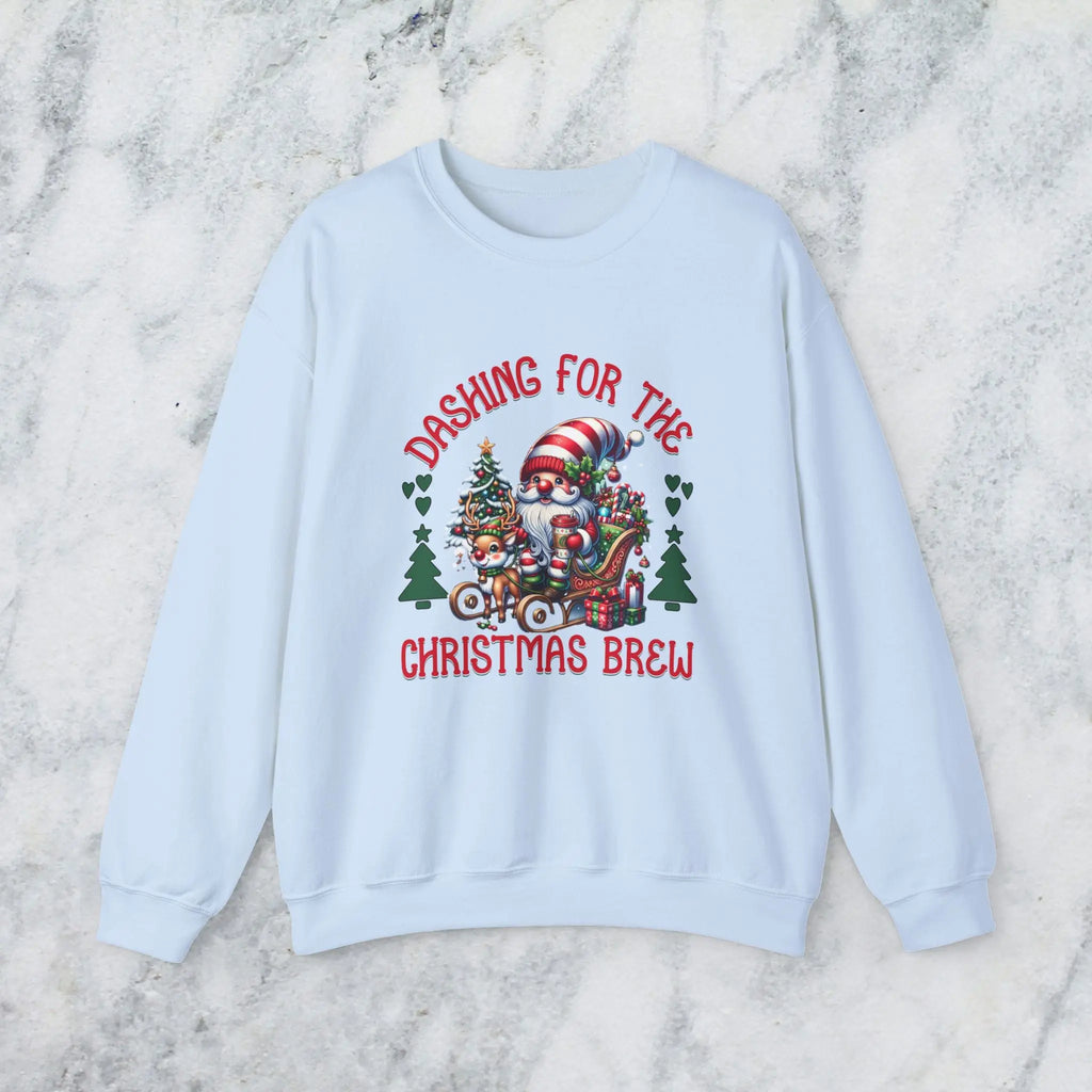 Dashing for the Brew Sweatshirt - Cute Christmas Santa in sleigh with toys and coffee Printify