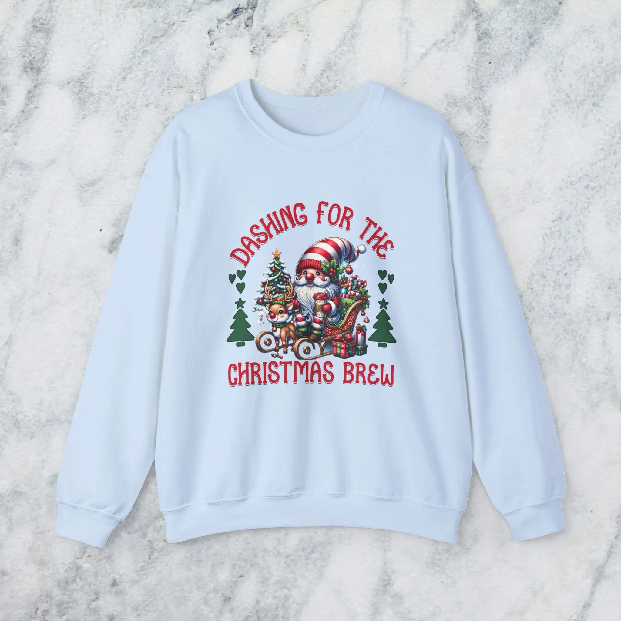 Dashing for the Brew Sweatshirt - Cute Christmas Santa in sleigh with toys and coffee Printify
