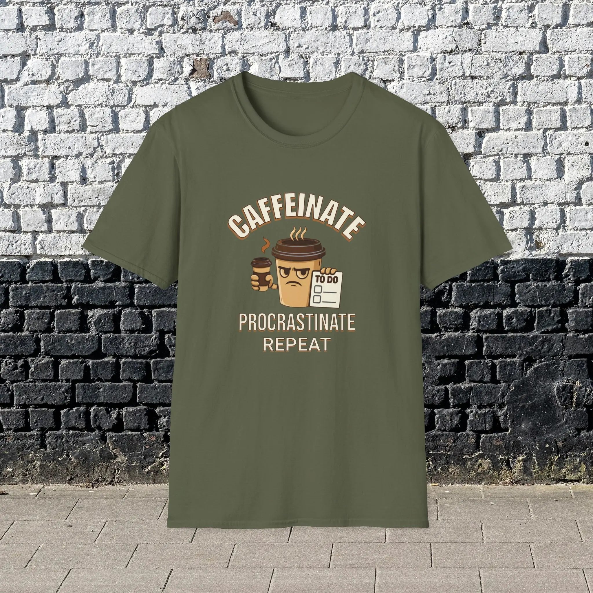 Caffeinate Procrastinate Repeat T-Shirt — Funny Coffee Lover Tee Printify