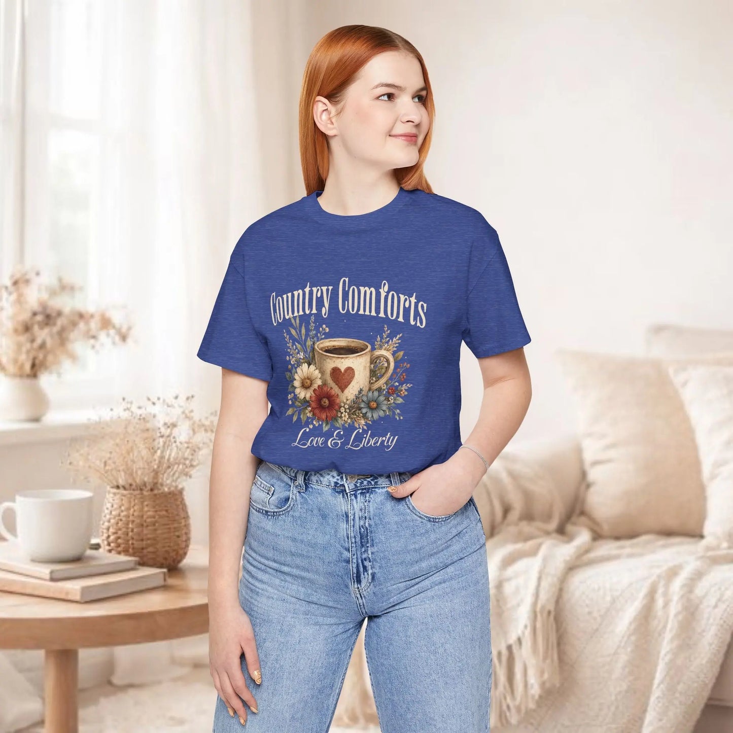 Country Comforts Tee – Love & Liberty Coffee Floral Graphic Shirt Printify