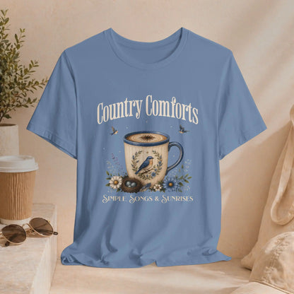 Country Comforts Tee — 'Simple Song & Sunrises' Coffee Mug Bird Floral Graphic T‑Shirt Printify