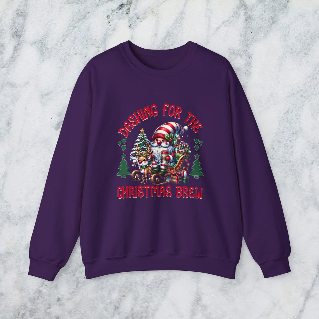 Dashing for the Brew Sweatshirt - Cute Christmas Santa in sleigh with toys and coffee Printify