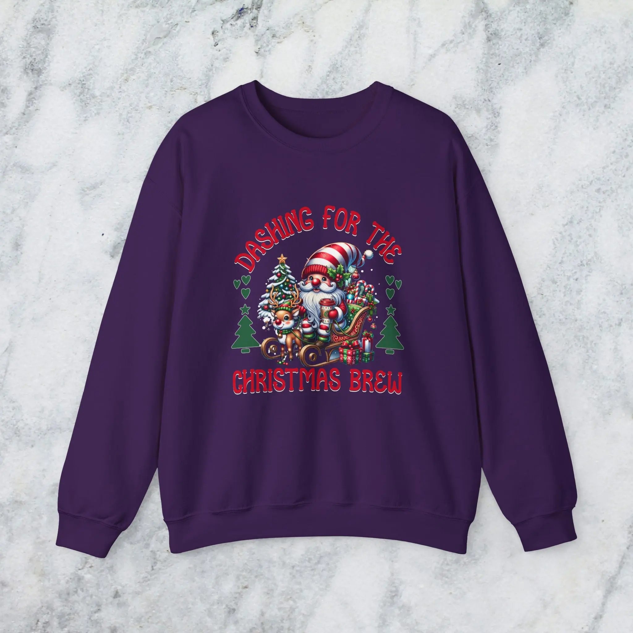 Dashing for the Brew Sweatshirt - Cute Christmas Santa in sleigh with toys and coffee Printify