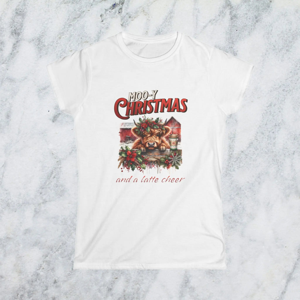 Mooy Christmas Tee - Cute Christmas Cow Latte Cheer Woman's T-Shirt Printify