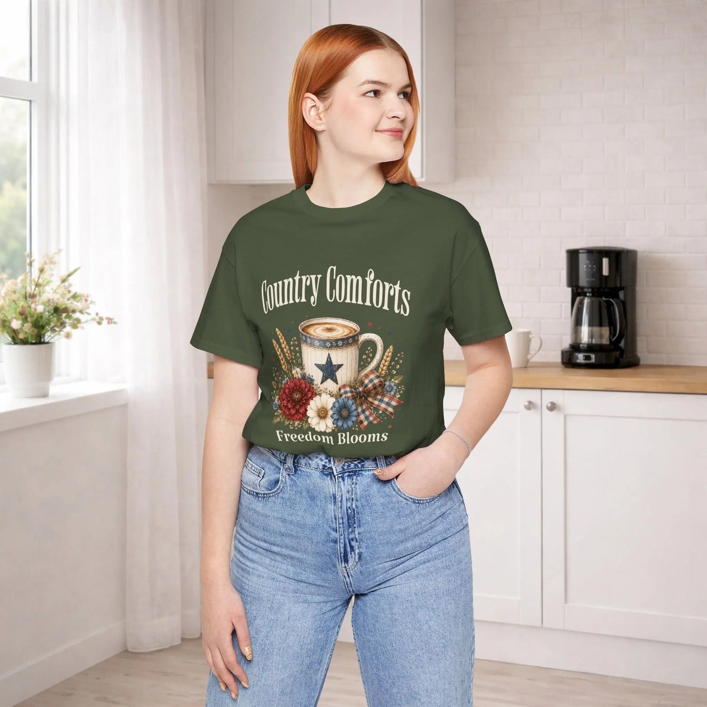 Country Comforts Tee – "Freedom Blooms" Floral Mug Graphic Printify