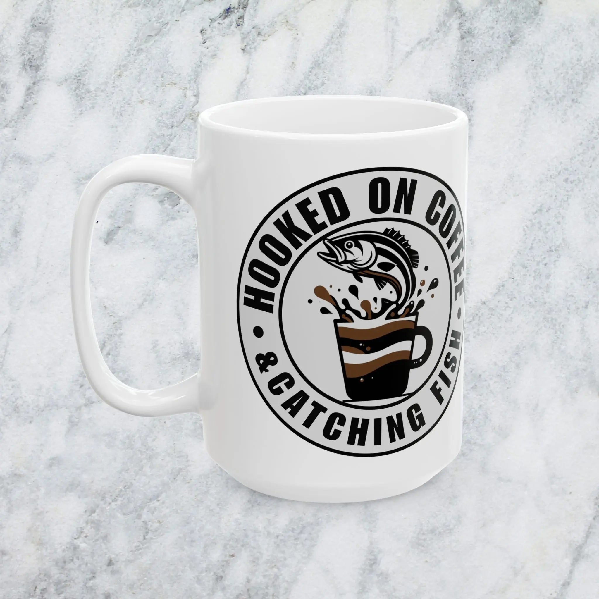 Hooked on Coffee & Catching Fish Ceramic Mug — Fisherman Coffee Lover Gift (15oz) Printify